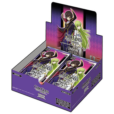 Bandai Union Arena Code Geass LeLouch TCG booster display featuring collectible cards from the Rebellion series.