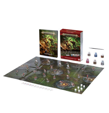 Warhammer Age of Sigmar Warrior Starter Set tabletop gaming miniatures with painted figures and rulebook.