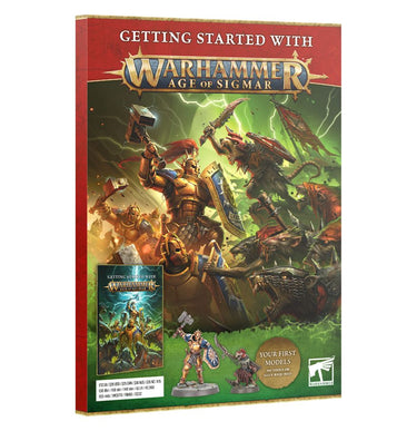 Getting Started with Warhammer Age of Sigmar tabletop gaming guide by Games Workshop, featuring game components and instruction materials.