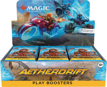 Magic: The Gathering Aetherdrift TCG booster display with unopened booster packs from Wizards of the Coast.