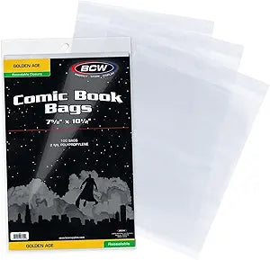 Clear resealable comic bags by BCW for protecting Golden Age comic books, shown sealed with comic inside.