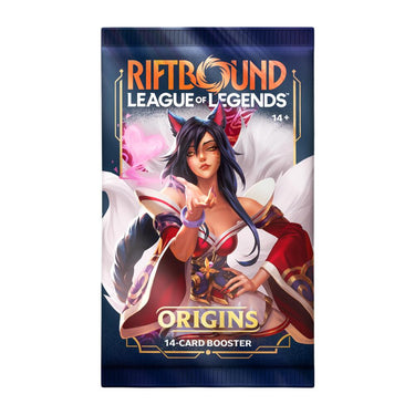 Riftbound TCG League of Legends Set 1 Origins booster pack from UVS Games, featuring colorful game card artwork.