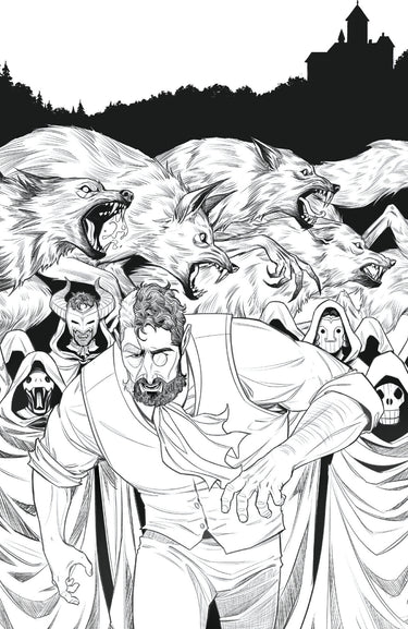 Prometheus Graft The Slayings at Death's End #2 black-and-white variant comic cover by Caitlin Yarsky