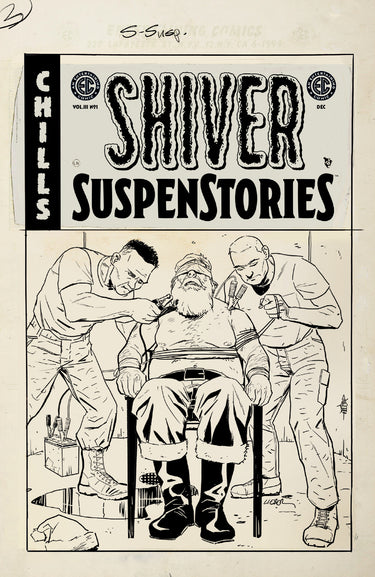 Black and white cover of EC Shiver SuspenStories 3 pre-order comic by Oni Press, featuring Steve Lieber’s artwork and a 1:20 variant cover.