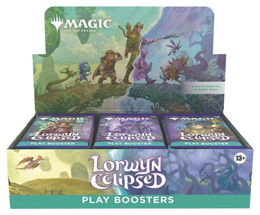 Magic The Gathering Lorwyn Eclipsed booster display featuring multiple booster packs from Wizards of the Coast's trading card game.