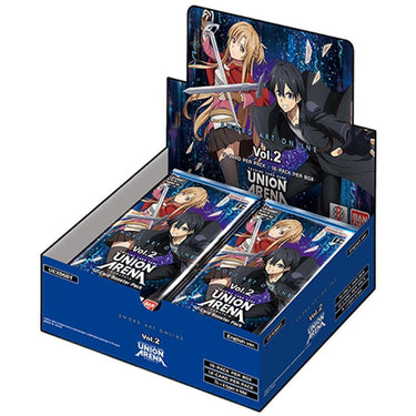Bandai Sword Art Online Vol 2 booster display for Union Arena trading card game, featuring colorful booster packs.