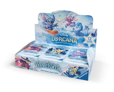 Lorcana Winterspell Booster Box for Ravensburger TCG game, featuring colorful card artwork and packaging design.