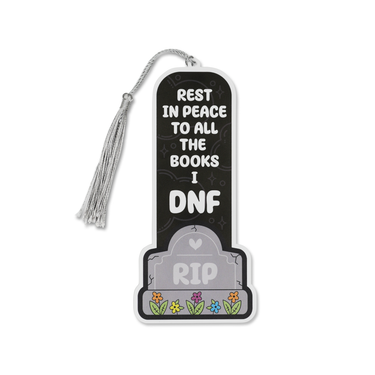 Punchkins "Rest in Peace to All the Books I DNF" bookmark with black and white design featuring a humorous tombstone illustration.
