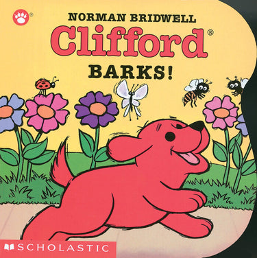 Cover of "Clifford the Small Red Puppy: Clifford Barks!" children's book by Scholastic Inc., featuring Clifford the red puppy.