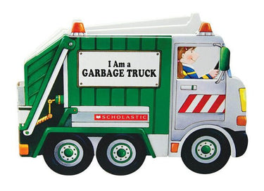 Colorful children's book cover titled "I Am a Garbage Truck" by Scholastic Inc., featuring a cartoon garbage truck on the front.