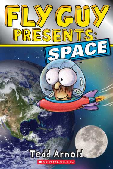 Book cover of "Fly Guy Presents Space" by Scholastic Inc., featuring colorful illustrations of space and flying characters.