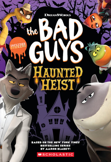 Cover image of "The Bad Guys Haunted Heist" book by Scholastic Inc., featuring colorful cartoon characters and spooky theme artwork.
