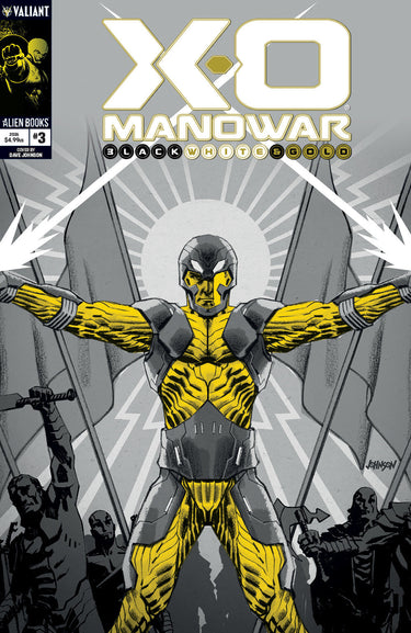 Pre-order comic book X-O Manowar: Black White & Gold #3 Cover B Variant by IDW Publishing featuring black, white, and gold artwork.
