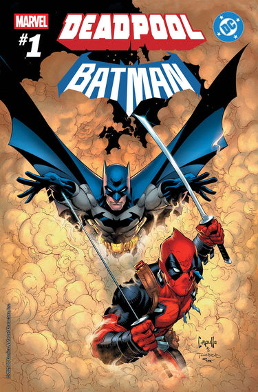 Close-up of Marvel comic book Deadpool and Batman #1 featuring dynamic cover art with Marvel branding.