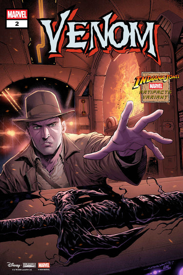 Marvel Venom #2 comic featuring Indiana Jones Marvel Artifact Variant, illustrated by Iban Coello, pre-order collectible comic book.