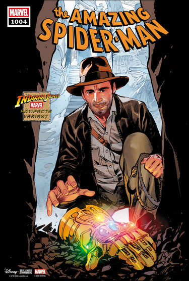 Pre-order Marvel Amazing Spider-Man #1004 comic featuring Sara Pichelli's artwork and Indiana Jones artifact variant.