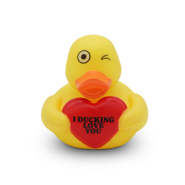 Yellow vinyl rubber duck figure with "I Ducking Love You" text, by Punchkins, featuring a cute, expressive design.