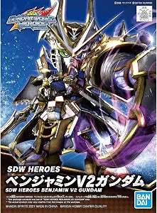 Bandai Hobby SD Gundam World Heroes Benjamin V2 Gundam model kit assembled with detailed blue, white, and red armor and weapon accessories.