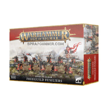 Warhammer Cities of Sigmar Freeguild Fusilliers tabletop miniatures by Games Workshop, painted soldiers with muskets in a gaming scene.