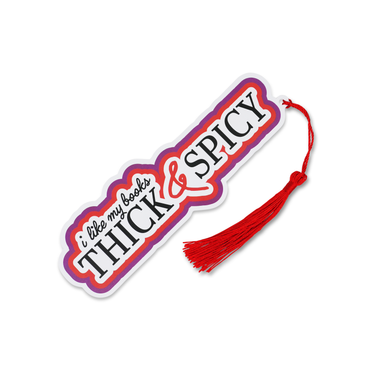 Colorful Punchkins bookmark with the phrase "I Like My Books Thick & Spicy" featuring vibrant illustrations on a bookmark for book lovers.