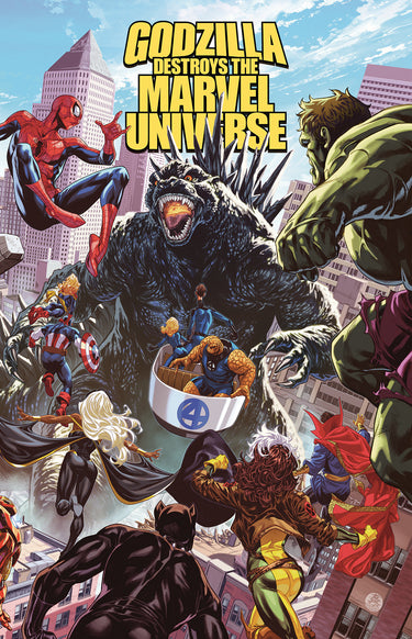 Godzilla destroys the Marvel Universe graphic novel by Marvel featuring a giant monster battle scene with Godzilla and Marvel superheroes.