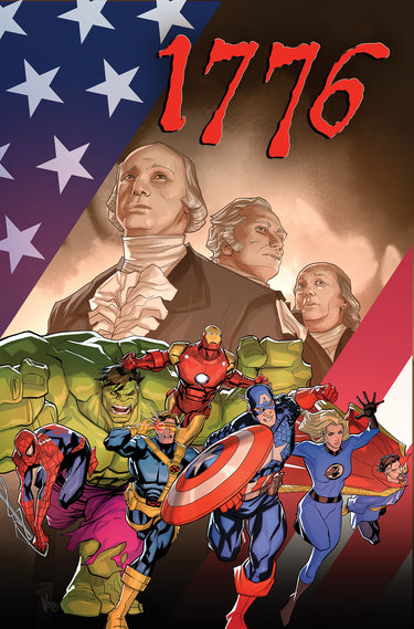 Marvel 1776 pre-order graphic novel cover, featuring patriotic artwork and comic book style illustrations.