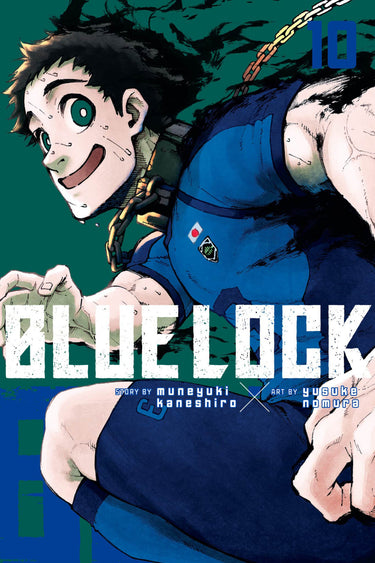 Blue Lock Vol 10 manga by Kodansha Comics, featuring vibrant cover art with dynamic characters and bold title text.