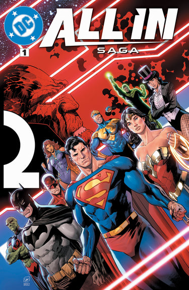 Cover of DC Comics All In Saga graphic novel featuring vibrant comic book artwork and title text.