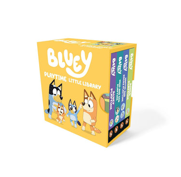 Set of four Bluey Playtime Little Library books by Penguin Young Readers Group, featuring colorful covers and character illustrations.