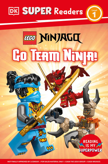 DK Super Readers Level 1 LEGO Ninjago Go Team Ninja paperback book cover, pre-order edition