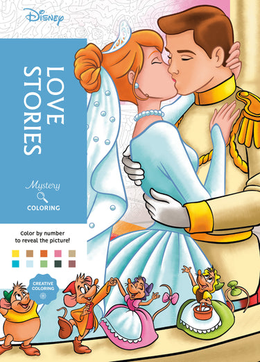 Pre-order Disney Mystery Coloring Love Stories book by Random House Worlds, featuring colorful pages with Disney love-themed illustrations.