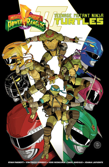 Graphic novel featuring Mighty Morphin Power Rangers and Teenage Mutant Ninja Turtles by Boom Entertainment, colorful comic book cover.