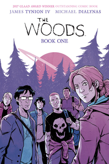 Cover art of "The Woods Book One" graphic novel by Boom Entertainment featuring dark forest scene and stylized title lettering.