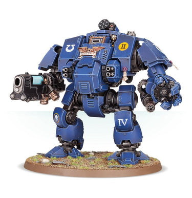 Redemptor Dreadnought from Warhammer 40k Space Marines Primaris, tabletop gaming miniature with detailed armor and weaponry.