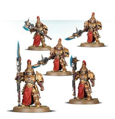 Warhammer 40k Adeptus Custodes Custodian Wardens tabletop gaming miniatures by Games Workshop, detailed figures on a gaming base.