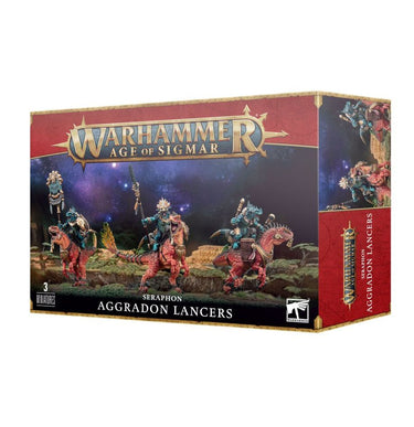 Games Workshop Age of Sigmar Seraphon Aggradon Lancers tabletop gaming miniatures on display.