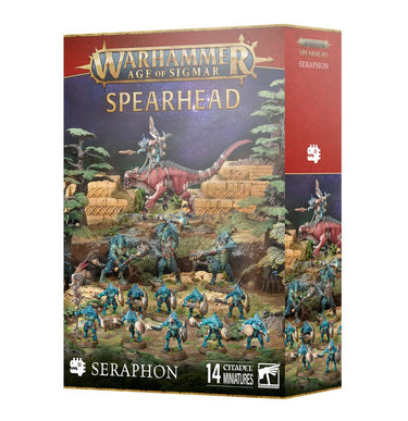 Warhammer Age of Sigmar Spearhead Seraphon tabletop gaming miniatures set by Games Workshop, featuring lizard-like creature figures.