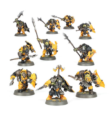Warhammer Age of Sigmar Orruk Warclans Orruk Ardboys tabletop gaming miniatures by Games Workshop, showing painted models on a gaming base.