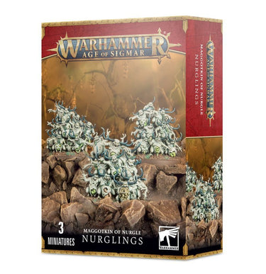 Group of Nurgling models from Warhammer Age of Sigmar, showcasing small, green, pustulent creatures by Games Workshop.