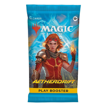 Magic The Gathering Aetherdrift booster pack from Wizards of the Coast, featuring colorful card artwork and packaging.