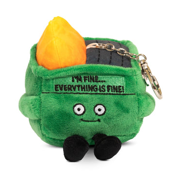 Punchkins Dumpster Fire plush bag charm featuring a humorous "I'm Fine... Everything's Fine" design, perfect as a keychain accessory.
