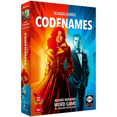 Czech Games Codenames board game with colorful game cards and spy-themed design for word guessing fun and team play.