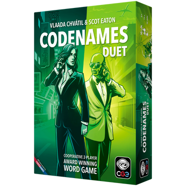 Codenames: Duet board game by Czech Games, featuring a two-player word deduction game with colorful cards and game components.