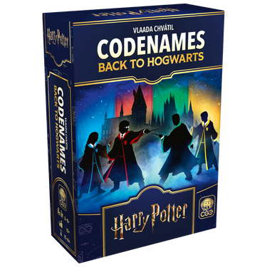 Codenames: Back to Hogwarts board game by Czech Games, featuring wizard-themed cards and game components on a table.