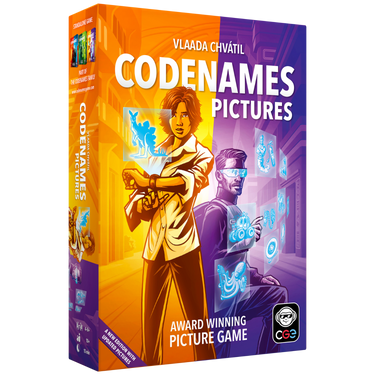 Codenames: Pictures board game by Czech Games, featuring illustrated cards and game components for visual word guessing.