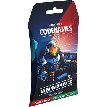 Codenames Sci-Fi Expansion Pack board game by Czech Games, featuring futuristic-themed cards and game components.