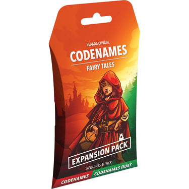 Codenames Fairy Tales Expansion Pack for board game by Czech Games, featuring colorful fairy tale-themed cards and game components.