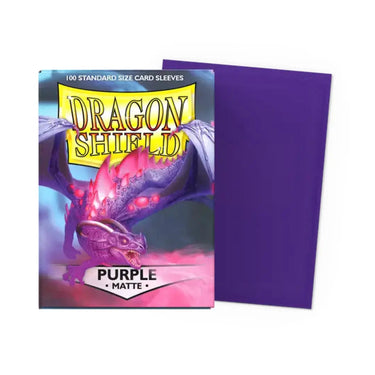 Set of 100 purple matte card sleeves by Arcane Tinmen, standard size Dragon Shield collectible card protection.