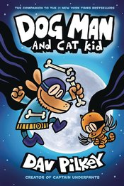 Dog Man Vol 4 graphic novel by Scholastic Inc., featuring Dog Man and Cat Kid, with colorful comic book characters on the cover.