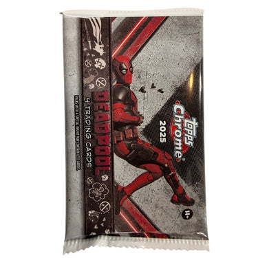 Topps Chrome Deadpool trading card pack from retail blaster box, featuring collectible Marvel-themed cards in vibrant packaging.